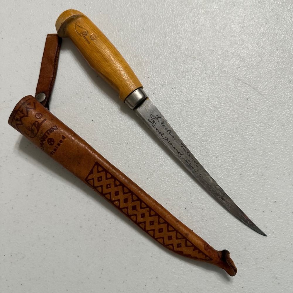 J Marttiini Finland Puukko Fillet Knife Leather Sheath Wood Handle Vintage 10.5"